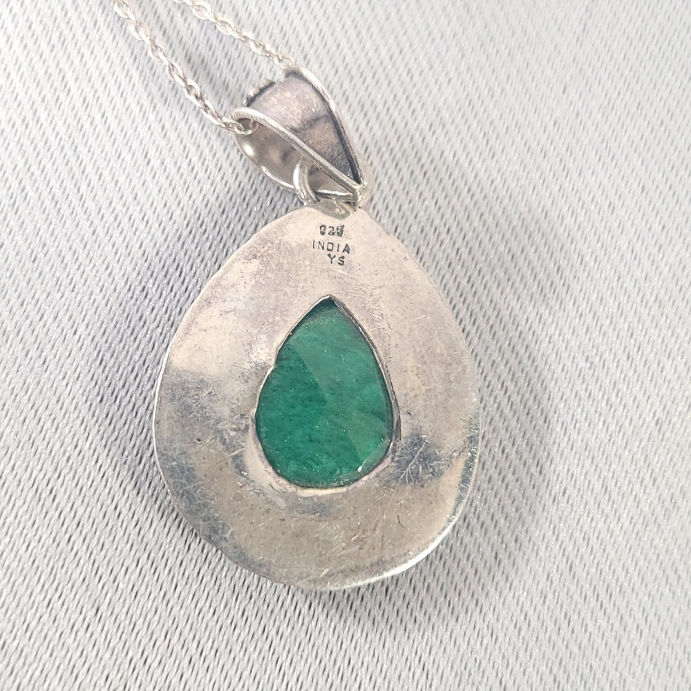 YS 925 Pendant Necklace Sterling Silver Emerald Beryl Teardrop‎ Made in India - Picture 10 of 10